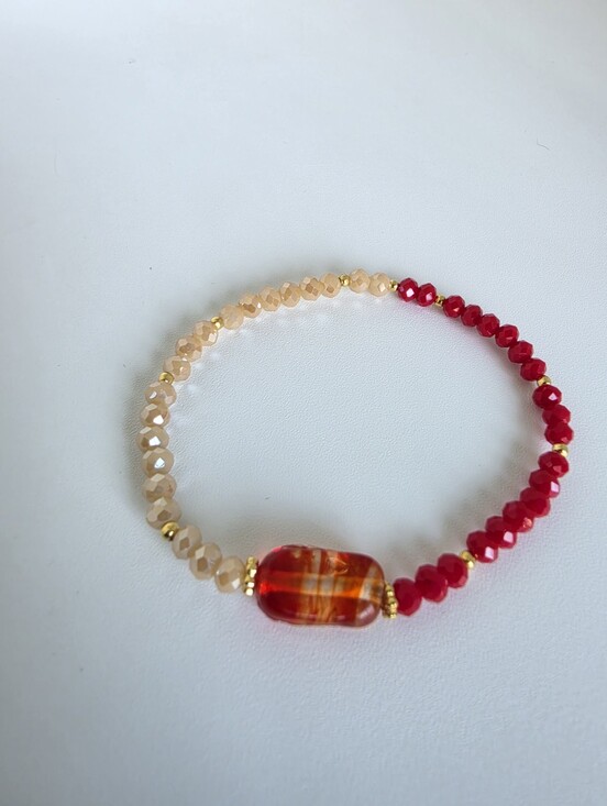 Handmade Jewelry - Red Beige Crystal Beaded Stretch Bracelet Glass Center Bead Gold Tone